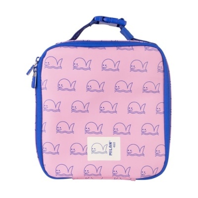 Mochila quadrada rosa com padrão de baleias azuis e alça azul
