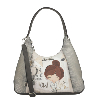Mala de ombro cinza clara e branca com ilustração e texto Anekke