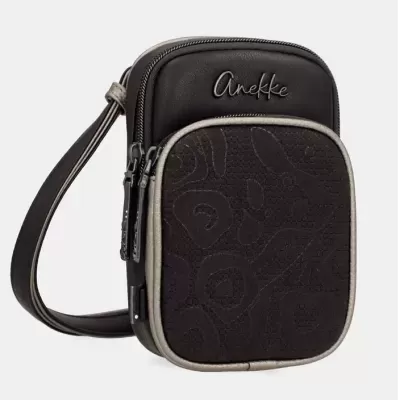 Bolsa pequena de ombro preta com detalhes cinzentos e padrão texturizado