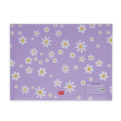 Pasta de documentos roxa com flores margaridas brancas e amarelas sorridentes