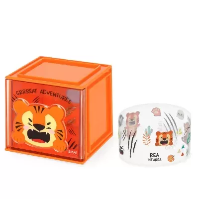 Caixa laranja com pulseira decorada com tigres e textos.
