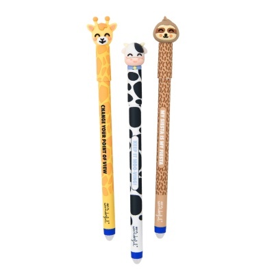 Conjunto de três canetas com desenhos de girafa, vaca e preguiça e textos inspiradores.