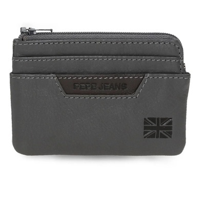 Carteira cinza escura com zíper e etiqueta PERE JEANS