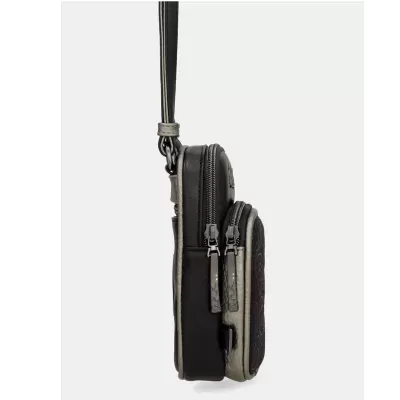 Bolsa pequena preta com detalhes cinzentos e dois compartimentos com fecho