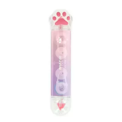 Brinquedo para gatos em tubo transparente com bolas coloridas e pata de gato rosa na parte superior