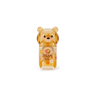 Apontador em forma de urso castanho transparente com texto e decoração floral