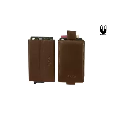 Dois porta-cartões em pele castanha com aba para puxar