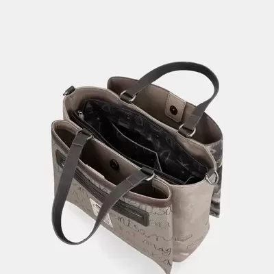 Mala de mão bege com alças castanhas e interior preto visto de cima