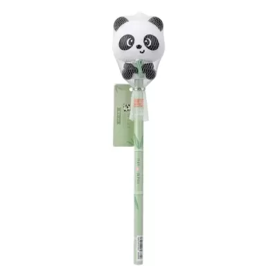 Caneta decorativa com cabeça de panda e corpo verde com folhas.