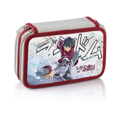 Estojo cinzento com bordas vermelhas e imagem de personagem de anime com texto RANDOM HEROES.