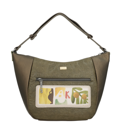 Mala de ombro verde oliva com bolso frontal decorado com padrão colorido e fecho de zíper