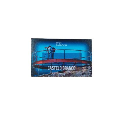 Postal com estrutura circular vermelha e texto Parque Barrocal Castelo Branco