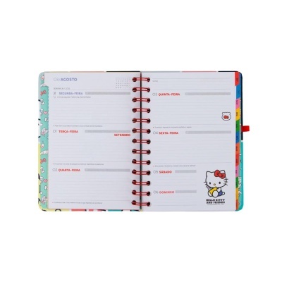 Agenda aberta mostrando datas e personagens Hello Kitty