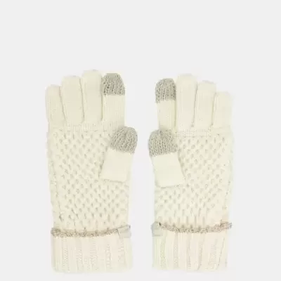 luvas de malha branca com ponta dos dedos cinza e detalhe prateado no punho