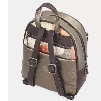 Mochila pequena com couro castanho e dourado e detalhe colorido