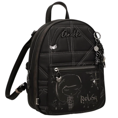 Mochila preta com costuras brancas, desenhos de rapariga, texto Anekke e Relish