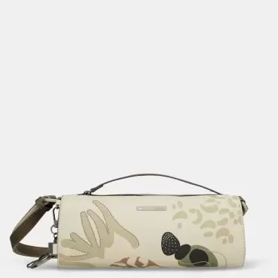 Carteira creme com estampado abstrato e alça castanha