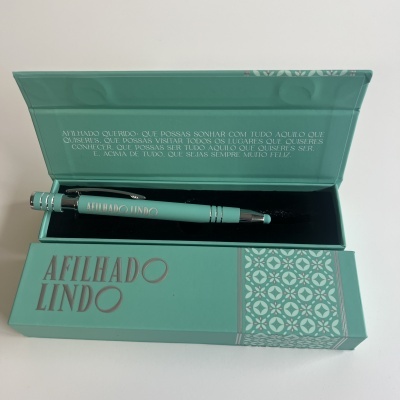 Caneta azul-turquesa com estojo rígido azul-turquesa com padrão branco e texto prateado