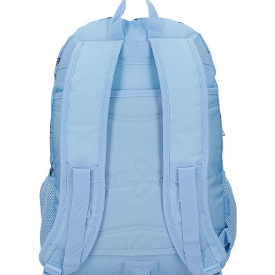 Mochila azul clara com alças acolchoadas e bolso lateral em rede