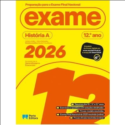 Capa do livro exame 2026 Preparação para o Exame Final Nacional de História A 12.º ano com fundo amarelo e texto em laranja