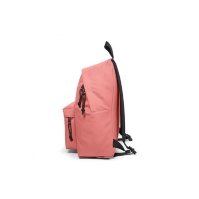 Mochila rosa vista de lado com alças pretas