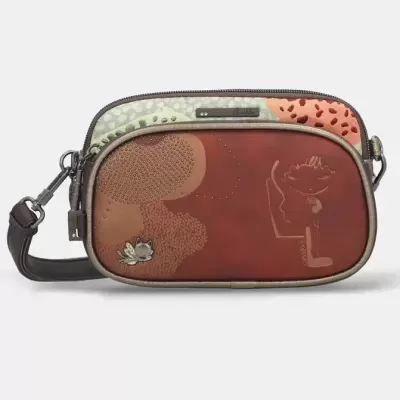 Bolsa de ombro padrão castanho e verde com ornamento de gato e etiqueta Anekke