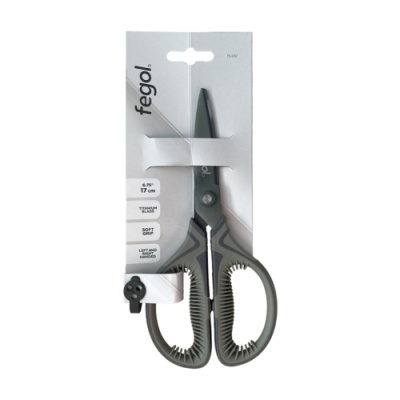 Tesoura cinzenta com lâmina de titânio na embalagem branca da marca fegol, 17 cm.