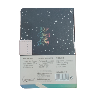 Bloco de notas azul escuro com pontos brancos e texto colorido, embalagem com informações do produto