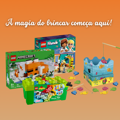 Caixas de brinquedos LEGO Minecraft, LEGO Friends e LEGO Duplo com texto sobre fundo alaranjado e brinquedo de madeira azul com peixes