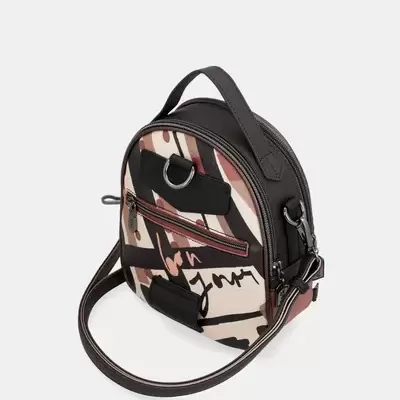 Mala redonda com padrão abstrato e alça preta