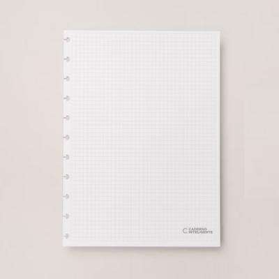 Caderno quadriculado branco com argolas e texto 