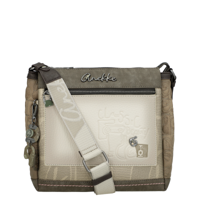 Mala de ombro bege, castanha e creme com bolso frontal em relevo e alça ajustável