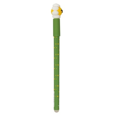 Lápis verde com pontos amarelos e topo decorativo amarelo e branco