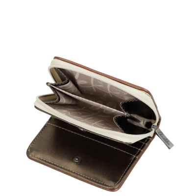 Carteira de pele castanha aberta com fecho e interior forrado
