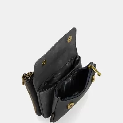 Carteira preta em material sintético com múltiplos compartimentos