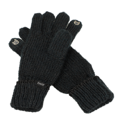 Luvas pretas de malha grossa com detalhes dourados nas pontas dos dedos