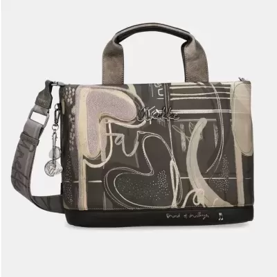 Bolsa de mão castanha com padrão abstrato e alça ajustável