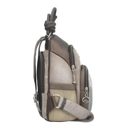 Mochila bege e castanha com bolsos e alça ajustável