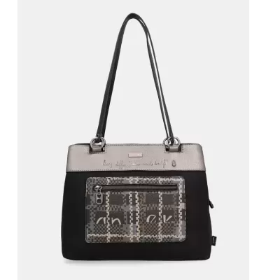 Mala preta e cinzenta com bolso estampado e alças longas