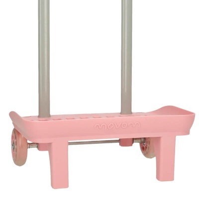 Base rosa para mala com rodas e texto 'movom'