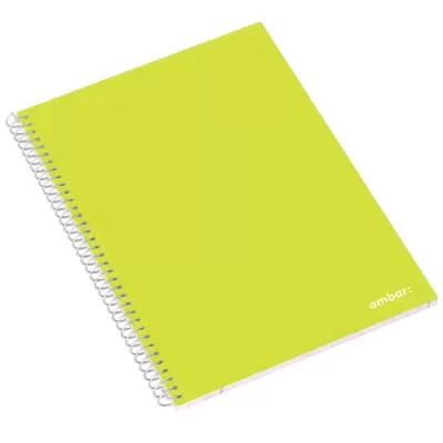 Caderno espiral com capa verde claro e texto 'ambar' branco no canto inferior direito