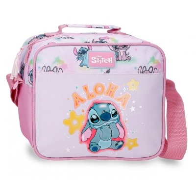 Mala térmica rosa com desenho do Stitch da Disney e texto ALOHA