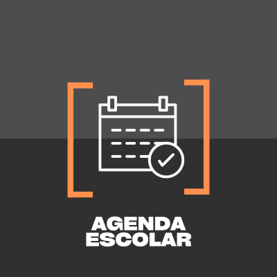 Ícone branco de calendário com marca de verificação dentro de moldura laranja e texto AGENDA ESCOLAR