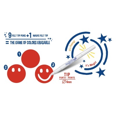 Marcador branco com texto promocional e ilustrações coloridas.