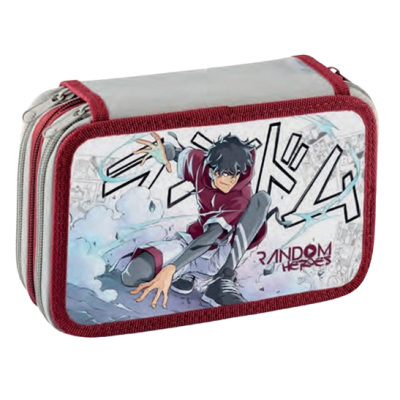 Estojo escolar com personagem de desenho animado e texto RANDOM HEROES