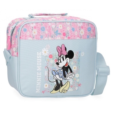 Mala de criança azul claro e rosa com padrão floral e imagem da Minnie Mouse