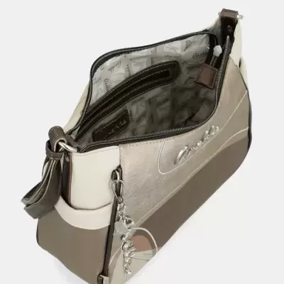 Mala bege e castanha com fecho aberto e interior forrado com padrão