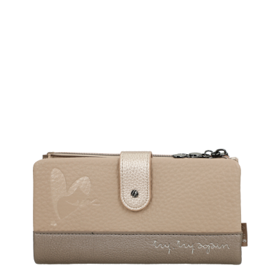 Carteira bege e castanho claro com fecho e escrita na frente