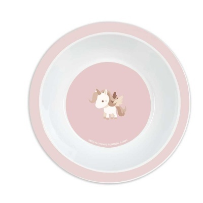 Prato fundo branco com borda rosa e unicórnio desenhado no centro