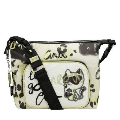 Bolsa de ombro com padrão animal print e figura de gato